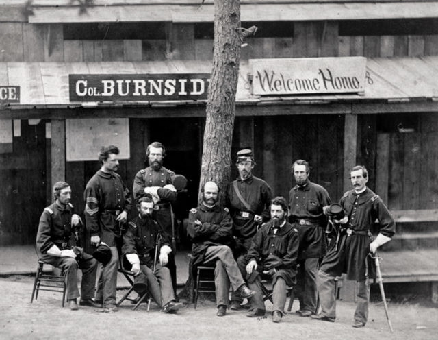 General Burnside seated center and Rhode Island officers of the regiment pose at Camp Sprague 1861