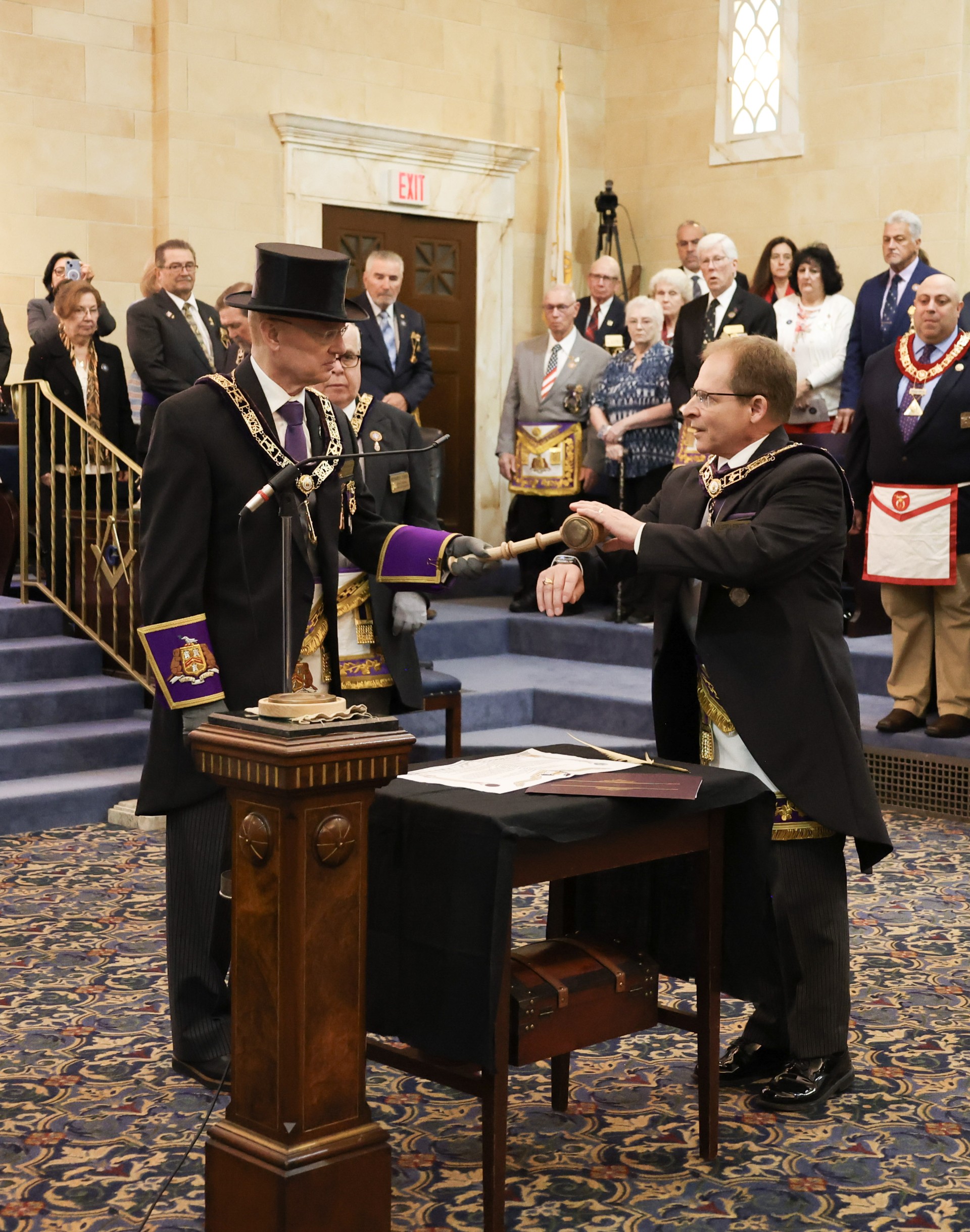 Deputy Grand Master, R:. W:. Gil Fontes Jr. presents the gavel of Semiquincentennial Lodge No. 250 to our Grand Master, M:.W:. Rick Baccus (Photo by R:.W:. Tony Rodriges)