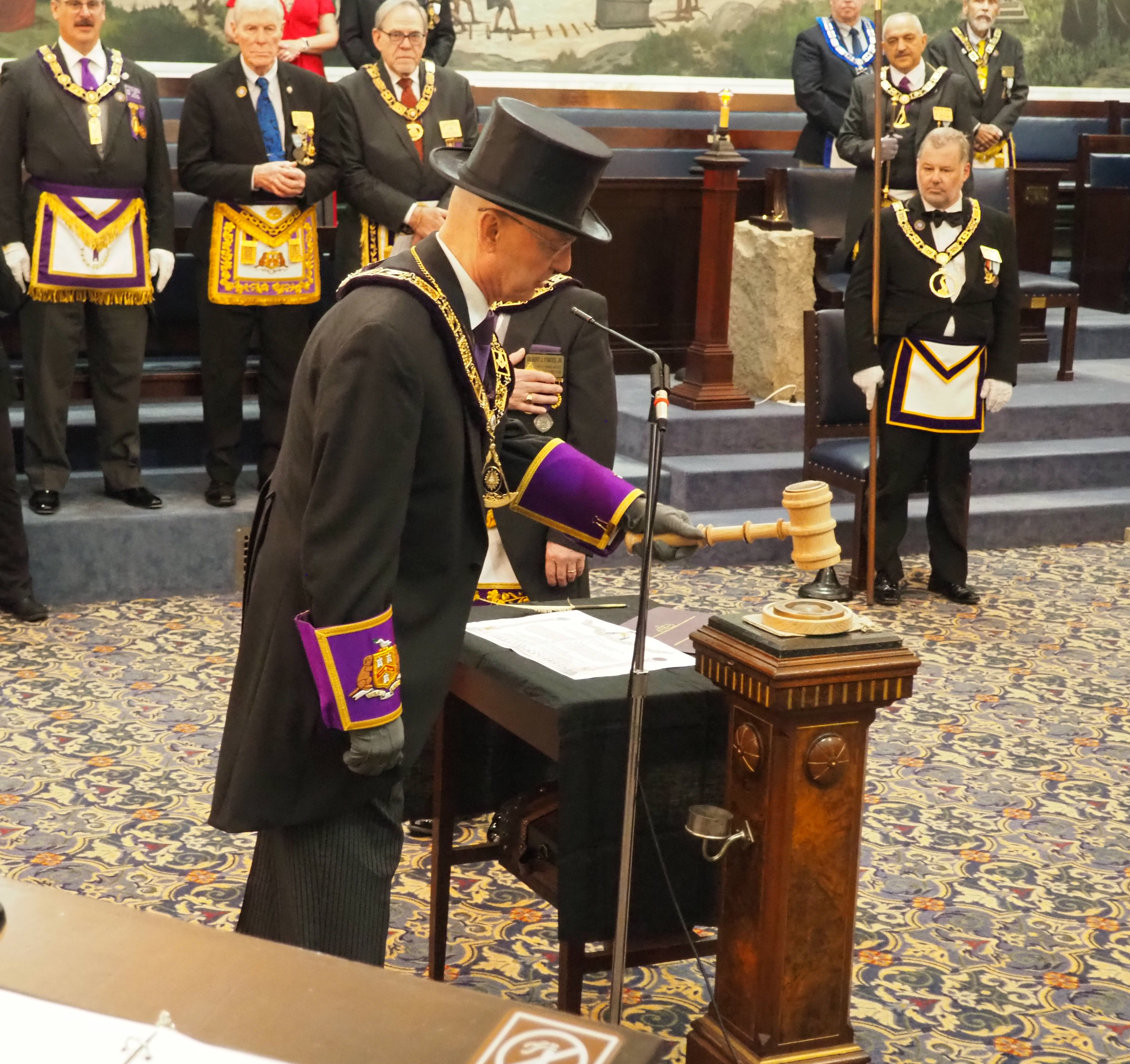 Grand Master, M:. W:. Rick Baccus declares Semiquincentennial Lodge No. 250 open in form (Photo by R:.W:. Ray Geer).